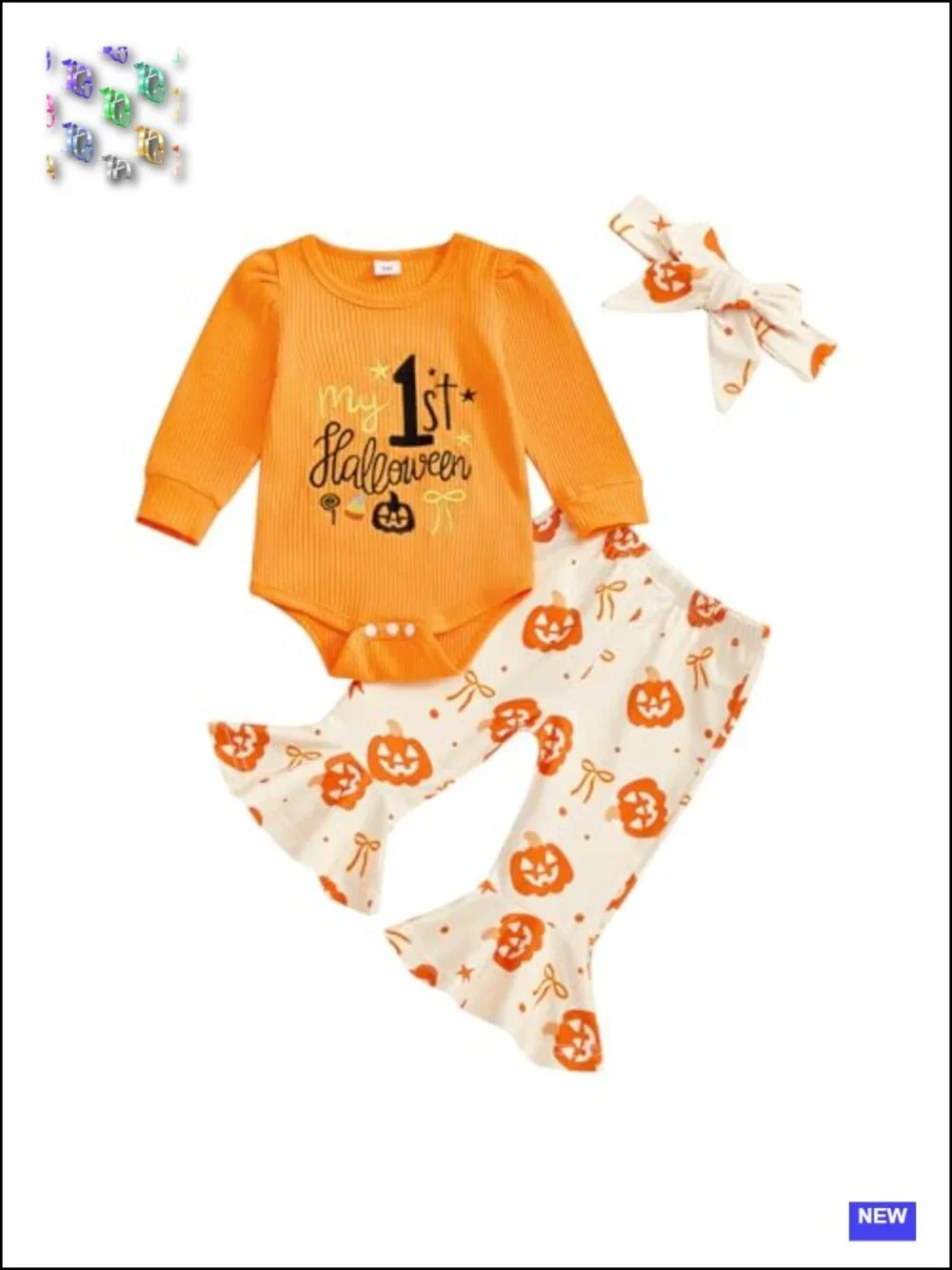 Cotton Blend Baby Girl Halloween Pumpkin Romper Set with Bell Bottoms and